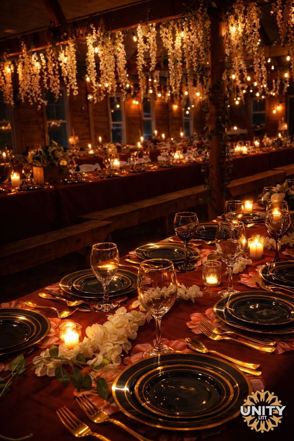 Long dining tables filled with people eating together after dark