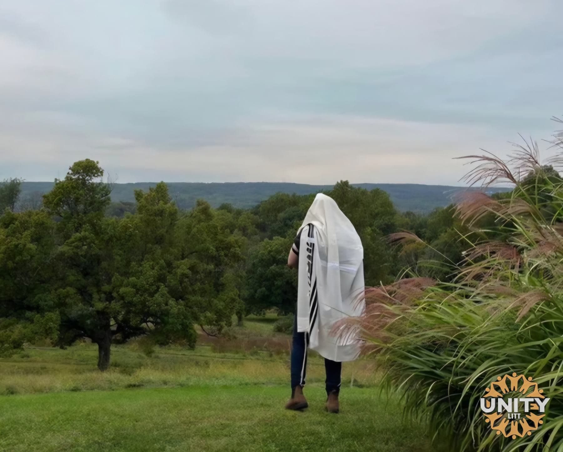 Someone davening alone in a field under a wide grey sky